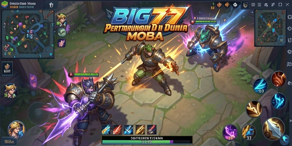 Screenshot gameplay seru di arena pertarungan MOBA.