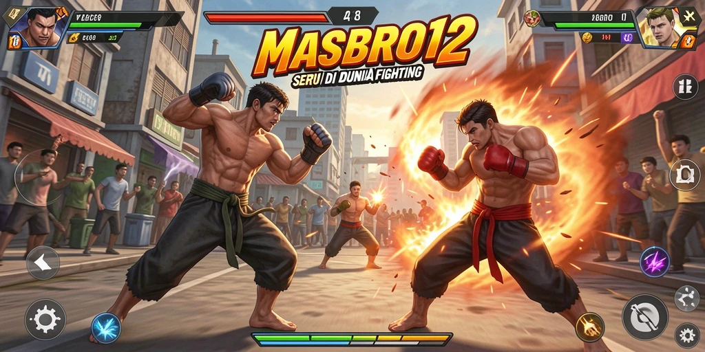 Tangkapan layar pertarungan epik dalam MASBRO12 dengan karakter yang dinamis.