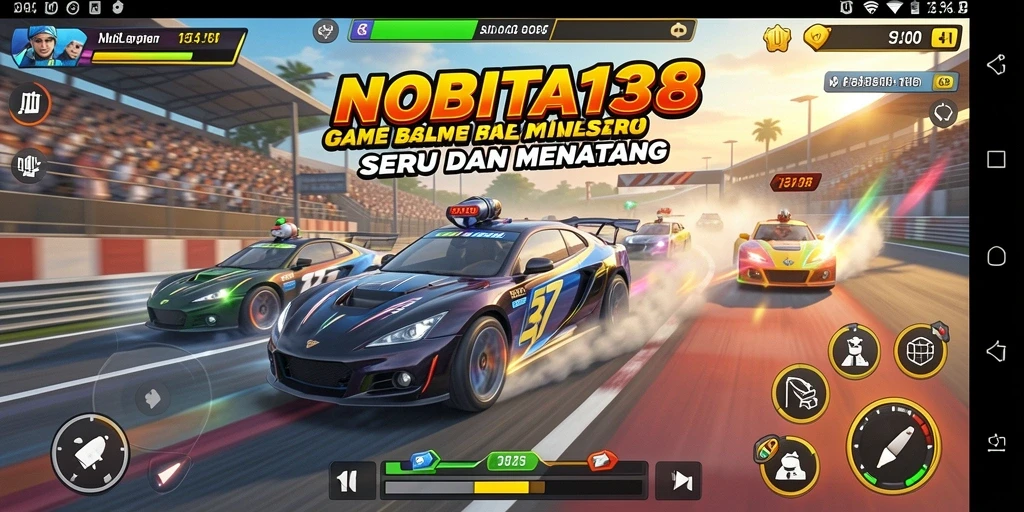 Tampilan seru gameplay balapan NOBITA138 dengan berbagai kendaraan.