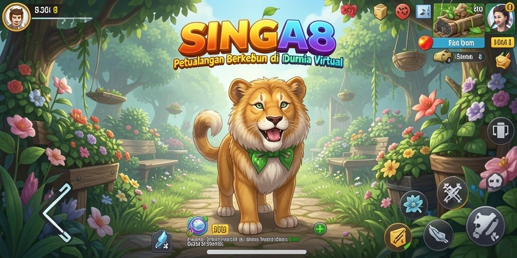 Tampilan gameplay SINGA8 dengan ladang yang subur dan hewan ternak yang aktif.